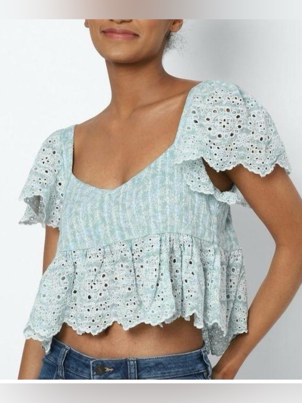 American Eagle Outfitters Light Blue Eyelet Lace Peplum Crop Top